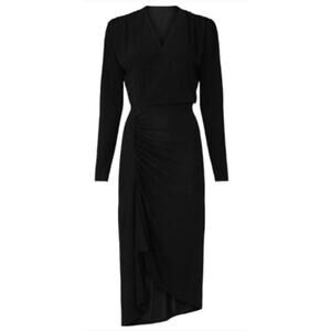 Atlein Dress Long Sleeve Side Ruched Asymmetrical Hem Midi Faux Wrap Black Large